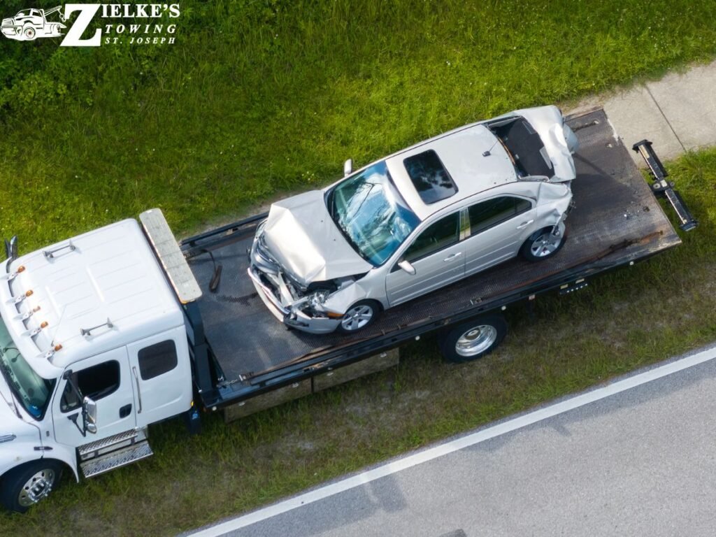 Zielke Towing St Joseph MI flatbed tow truck responding to I-94 emergency breakdown in Berrien County 49085